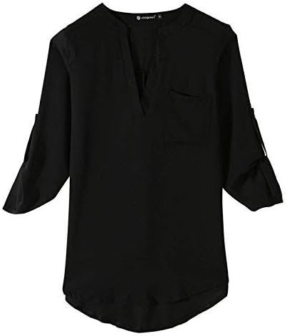 31-60Rf9FmL._AC Jngrtsyjvip Fashion Women's Split-Neck Roll-Tab Sleeves Tunic - Perfect Long for Leggings Shirt Cute Versatile Top Notch V Neck Plus Size Blouse