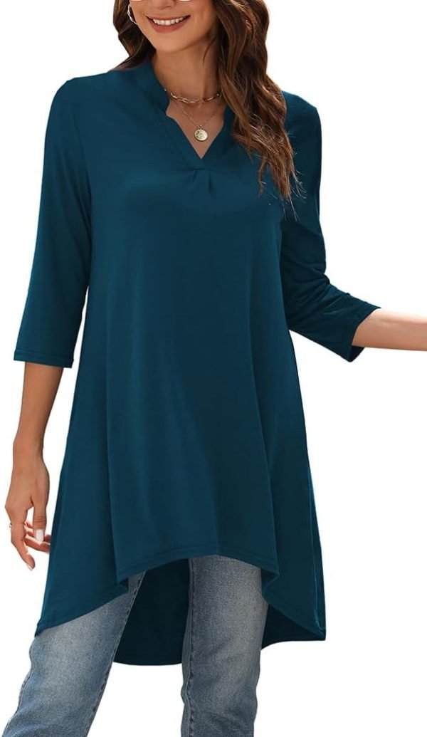 Jngrtsyjvip Fashion   Women's 3/4 Sleeve Notch V Neck High Low Loose Fit Long Tunic Tops Shirts Blouses M-3XL