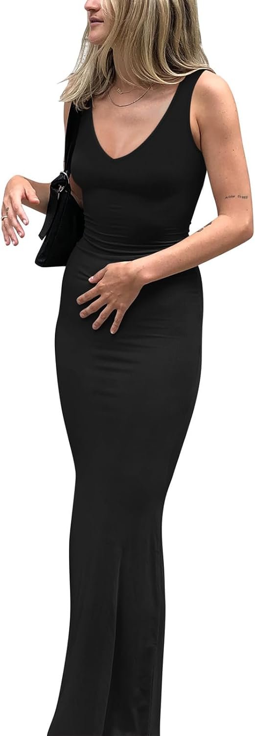 Jngrtsyjvip Fashion Women's Summer Sexy Long Dresses Deep V Neck Sleeveless V Backless Lounge Elegant Bodycon Maxi Dress