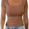 Jngrtsyjvip Fashion Womens Summer Sexy Short Sleeve Square Neck Double Lined Basic Slim Fit Crop T Shirt