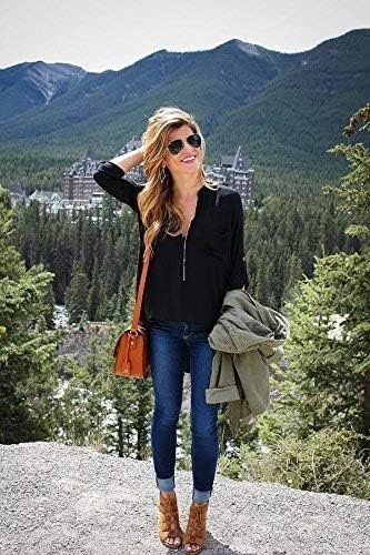 51BLl6kxl4L._AC Jngrtsyjvip Fashion Women's Split-Neck Roll-Tab Sleeves Tunic - Perfect Long for Leggings Shirt Cute Versatile Top Notch V Neck Plus Size Blouse