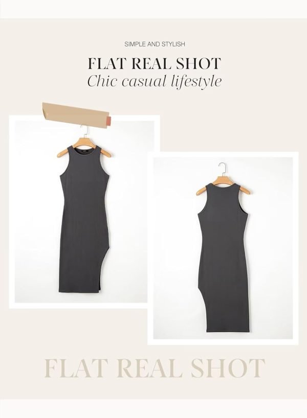 Jngrtsyjvip Fashion Midi Dress for Women Summer Bodycon Knit Dress Round Neck Sleeveless Side Slit Long Slim Elegant Wedding Guest Dress