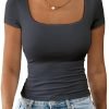Jngrtsyjvip Fashion Womens Summer Sexy Short Sleeve Square Neck Double Lined Basic Slim Fit Crop T Shirt