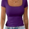 Jngrtsyjvip Fashion Womens Summer Sexy Short Sleeve Square Neck Double Lined Basic Slim Fit Crop T Shirt