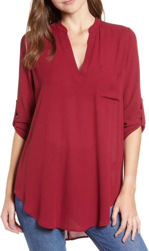 51ZNOGFQm0L._AC_SL1169 Jngrtsyjvip Fashion Women's Split-Neck Roll-Tab Sleeves Tunic - Perfect Long for Leggings Shirt Cute Versatile Top Notch V Neck Plus Size Blouse