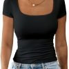 Jngrtsyjvip Fashion Womens Summer Sexy Short Sleeve Square Neck Double Lined Basic Slim Fit Crop T Shirt