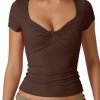 Jngrtsyjvip Fashion Women's Sexy Twist Front V Neck T Shirts Double Lined Short Sleeve Slim Fit Crop Top Trendy Y2K Tops Tee