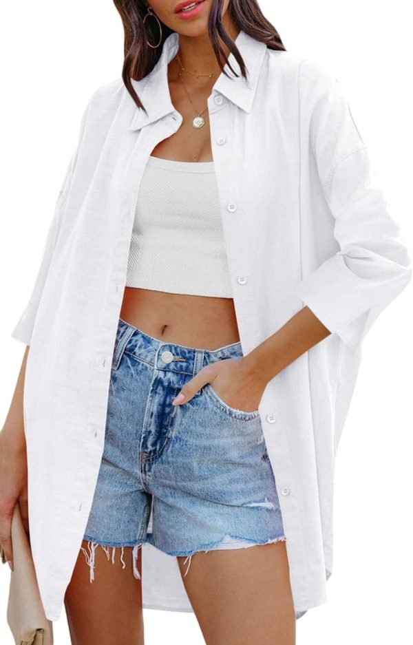 Jngrtsyjvip Fashion   Womens Oversized Button Down Shirts Casual Loose Long Sleeve Solid Lapel Long Blouses Tops with Pockets