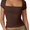 Jngrtsyjvip Fashion Women's Square Neck Short Sleeve T Shirts Double Lined Basic Tee Slim Fit Tops