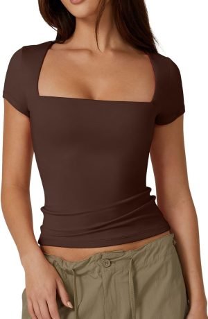 611a8HNL6DL._AC_SL1500 Jngrtsyjvip Fashion Women's Square Neck Short Sleeve T Shirts Double Lined Basic Tee Slim Fit Tops