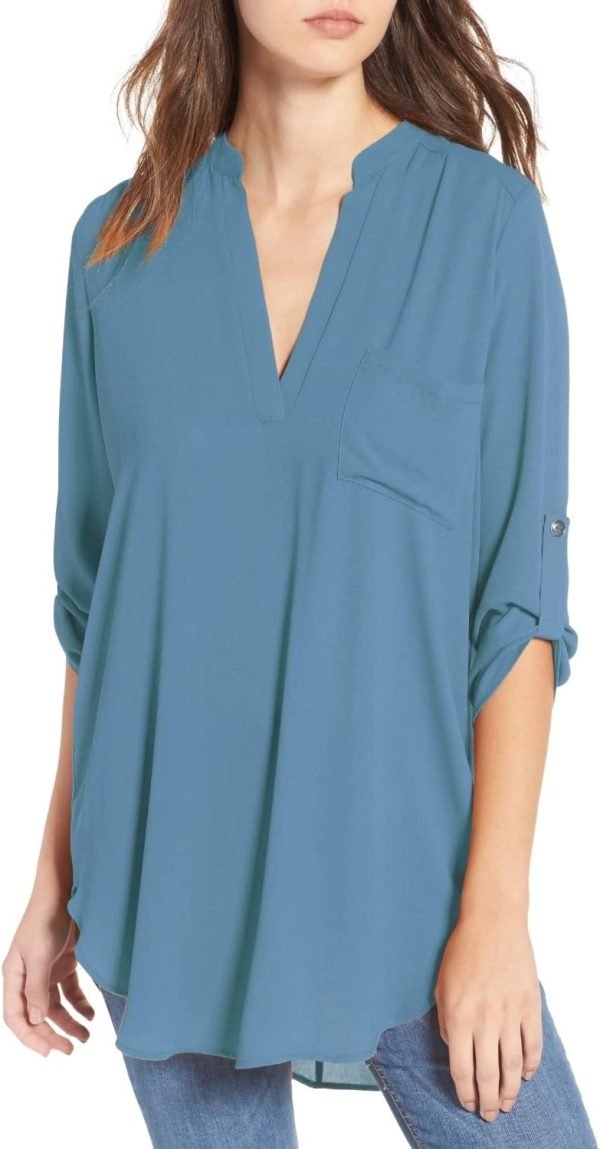 611jB5uNuQL._AC_SL1500 Jngrtsyjvip Fashion Women's Split-Neck Roll-Tab Sleeves Tunic - Perfect Long for Leggings Shirt Cute Versatile Top Notch V Neck Plus Size Blouse