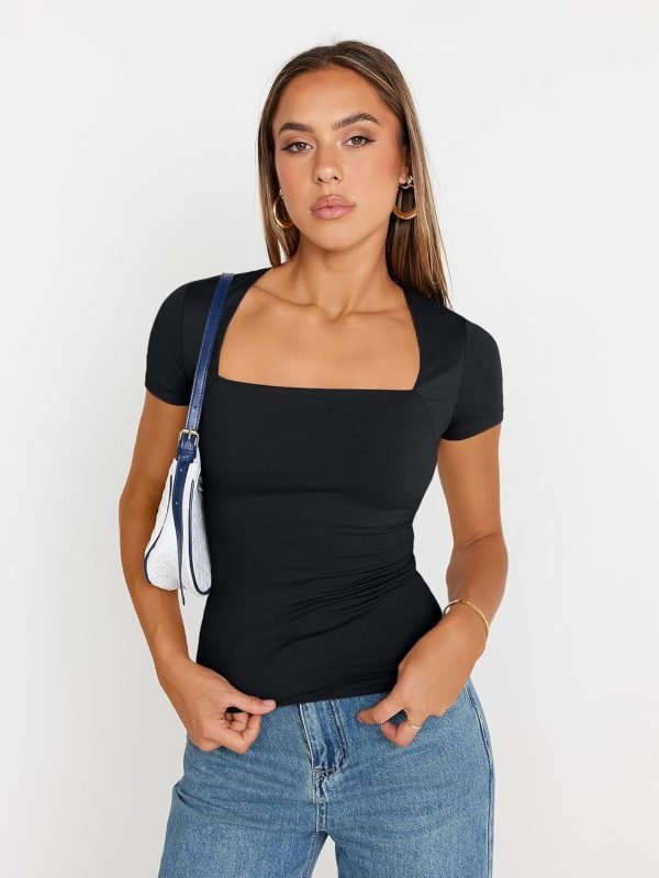 Jngrtsyjvip Fashion Women's Square Neck Tops Short Sleeve Shirts Going Out Tops 2024