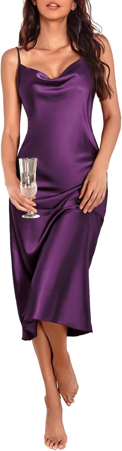 Jngrtsyjvip Fashion Womens Satin Nightgown Sexy Lingerie Sleepwear Spaghetti Strap Cowl Neck Elegant Long Slip Satin Silk Midi Dress