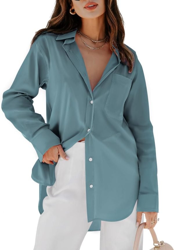 Jngrtsyjvip Fashion   Womens Button Down Shirts Dress Shirts Long Sleeve Blouses V Neck Solid Casual Tunics Tops with Pockets