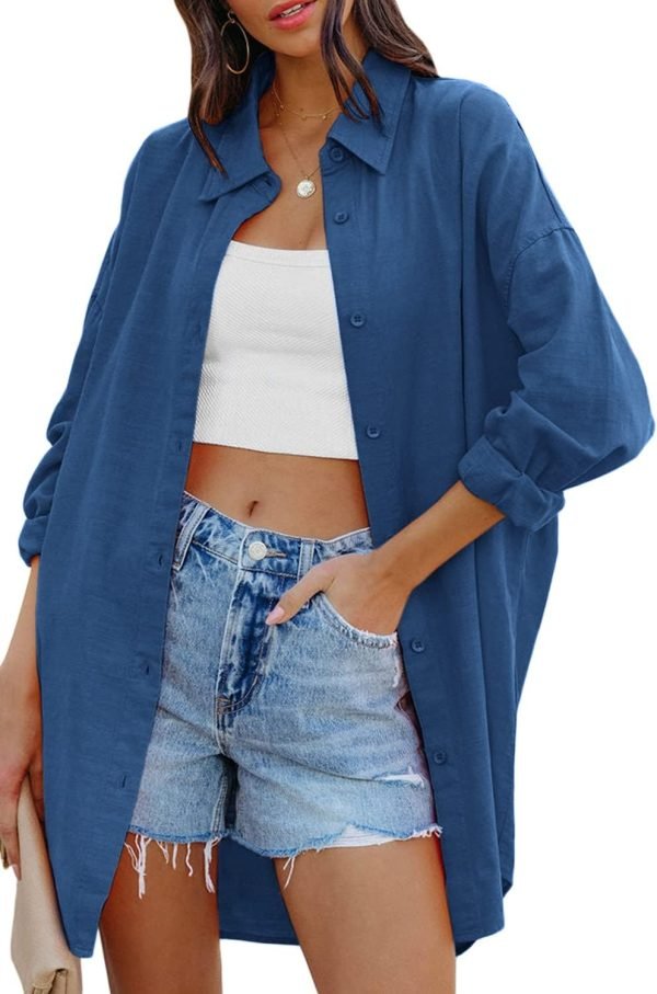 Jngrtsyjvip Fashion   Womens Oversized Button Down Shirts Casual Loose Long Sleeve Solid Lapel Long Blouses Tops with Pockets