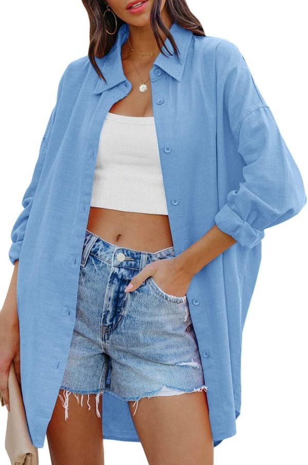 Jngrtsyjvip Fashion   Womens Oversized Button Down Shirts Casual Loose Long Sleeve Solid Lapel Long Blouses Tops with Pockets