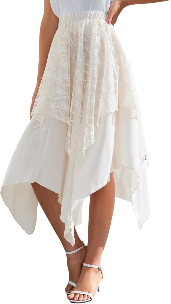 Jngrtsyjvip Fashion  Women's Lace Overlay Elastic Waist Asymmetrical High Low A Line Long Skirt