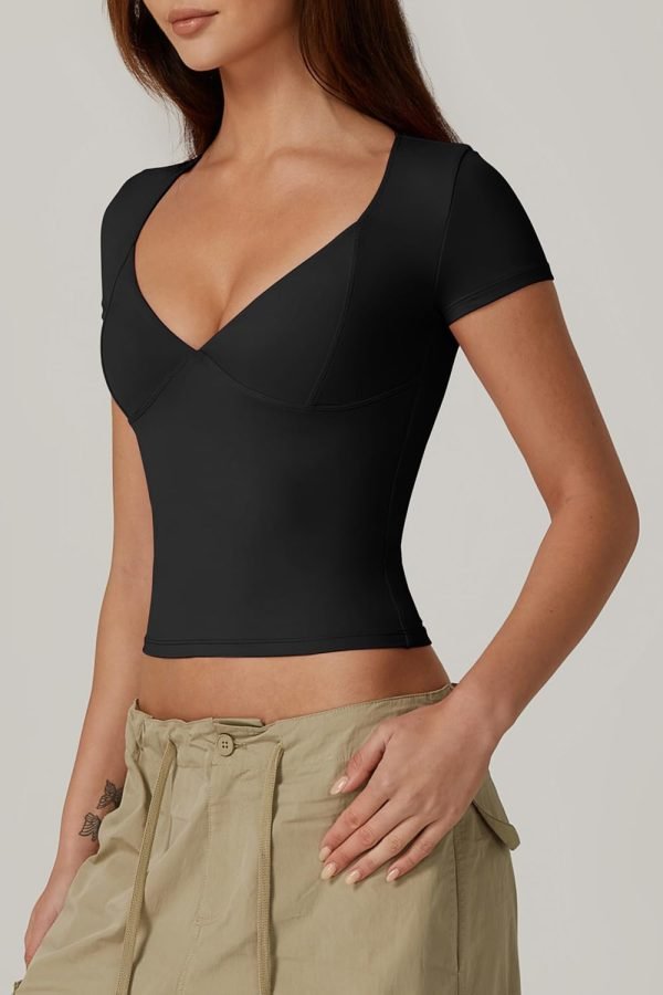 Jngrtsyjvip Fashion Women's V Neck Short Sleeve T Shirts Double Lined Tee Seamed Cup Going Out Tops