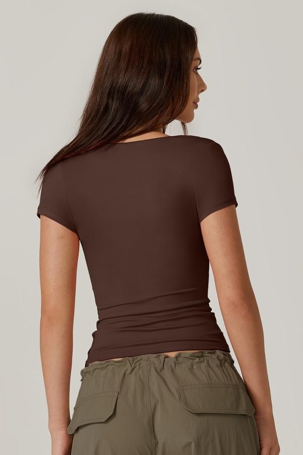 Jngrtsyjvip Fashion Women's Square Neck Short Sleeve T Shirts Double Lined Basic Tee Slim Fit Tops