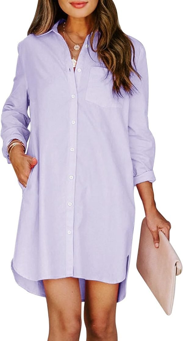 Jngrtsyjvip Fashion Womens Button Down Shirt Dresses with Pockets Cotton Button Up Tunics Long Sleeve Solid High Low Blouse Tops