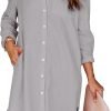 Jngrtsyjvip Fashion Womens Button Down Shirt Dresses with Pockets Cotton Button Up Tunics Long Sleeve Solid High Low Blouse Tops