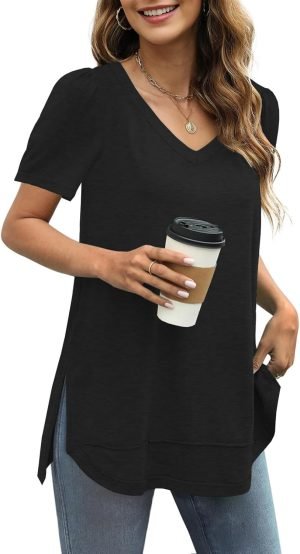 61APCXhWqKL._AC_SL1500 Jngrtsyjvip Fashion Summer Tops for Women Short Sleeve V Neck Shirts Side Split Loose Casual Tunic Tops