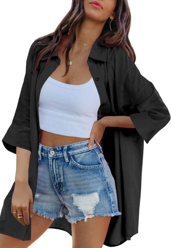 Jngrtsyjvip Fashion   Womens Oversized Button Down Shirts Casual Loose Long Sleeve Solid Lapel Long Blouses Tops with Pockets