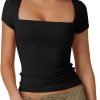 Jngrtsyjvip Fashion Women's Square Neck Short Sleeve T Shirts Double Lined Basic Tee Slim Fit Tops