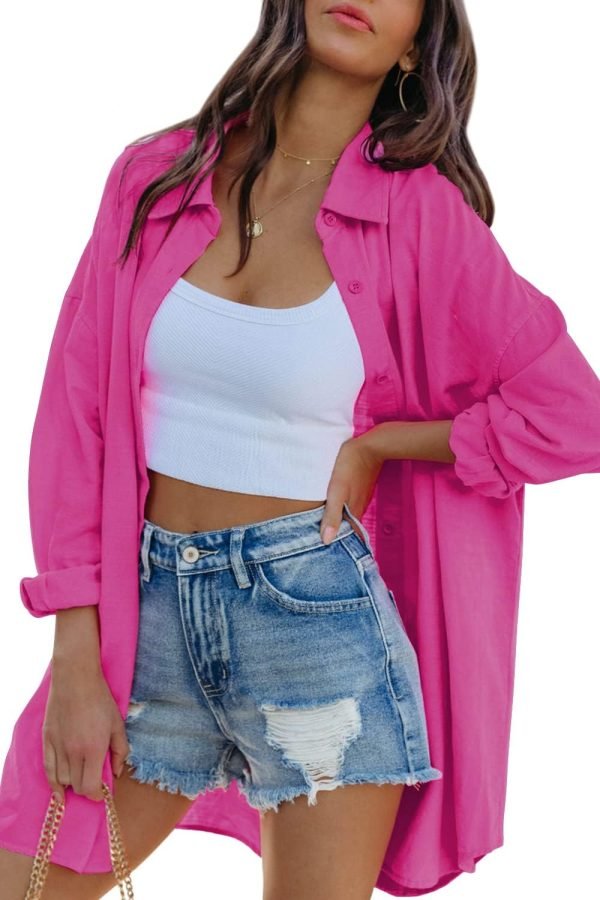 Jngrtsyjvip Fashion   Womens Oversized Button Down Shirts Casual Loose Long Sleeve Solid Lapel Long Blouses Tops with Pockets