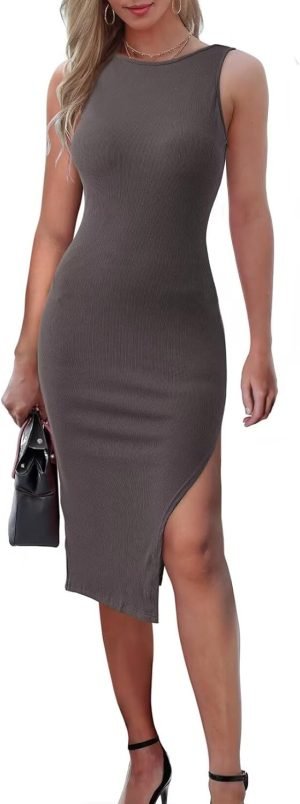 61KOVRWzI9L._AC_SL1500 Jngrtsyjvip Fashion Midi Dress for Women Summer Bodycon Knit Dress Round Neck Sleeveless Side Slit Long Slim Elegant Wedding Guest Dress