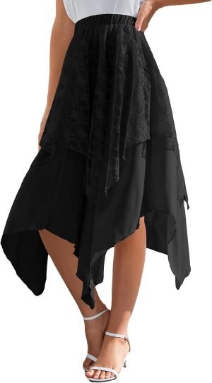 61MXudCceaL._AC_SL1500 Jngrtsyjvip Fashion Women's Lace Overlay Elastic Waist Asymmetrical High Low A Line Long Skirt