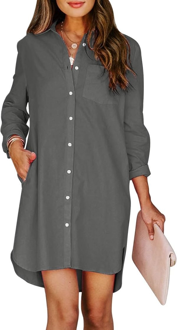 Jngrtsyjvip Fashion Womens Button Down Shirt Dresses with Pockets Cotton Button Up Tunics Long Sleeve Solid High Low Blouse Tops