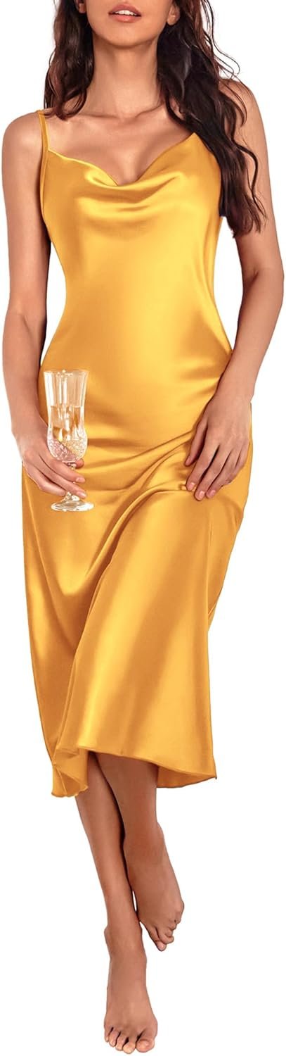 Jngrtsyjvip Fashion Womens Satin Nightgown Sexy Lingerie Sleepwear Spaghetti Strap Cowl Neck Elegant Long Slip Satin Silk Midi Dress