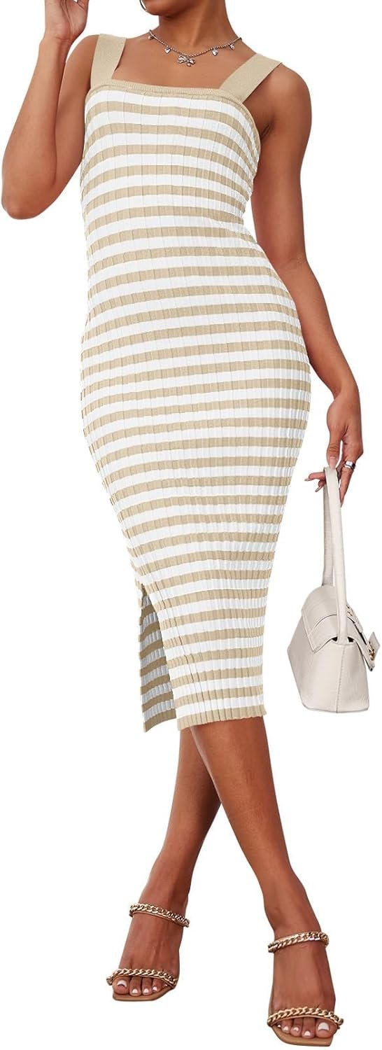 61Oey14RsIL._AC_SL1500 Jngrtsyjvip Fashion Women's 2024 Summer Striped Knit Bodycon Midi Dress Square Neck Side Slit Tank Ribbed Sweater Dresses