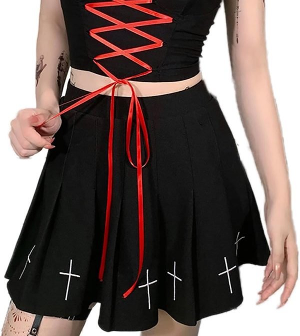 Jngrtsyjvip Fashion  Black Pleated Mini Skirt with Chain High Waisted Tennis Skirt