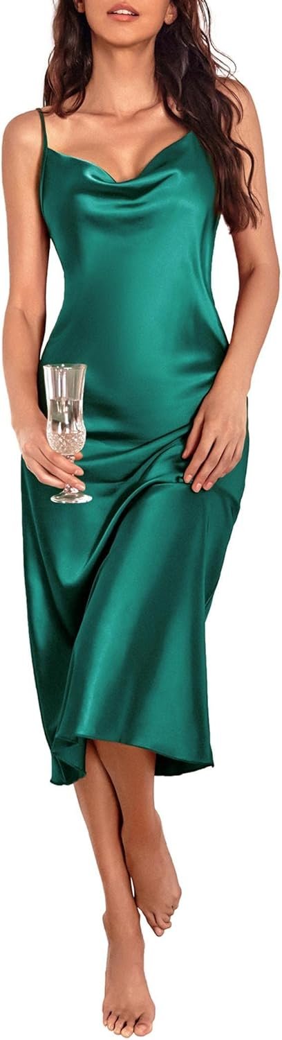 Jngrtsyjvip Fashion Womens Satin Nightgown Sexy Lingerie Sleepwear Spaghetti Strap Cowl Neck Elegant Long Slip Satin Silk Midi Dress