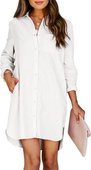 61TbkvcOffL._AC_SL1500 Jngrtsyjvip Fashion Womens Button Down Shirt Dresses with Pockets Cotton Button Up Tunics Long Sleeve Solid High Low Blouse Tops