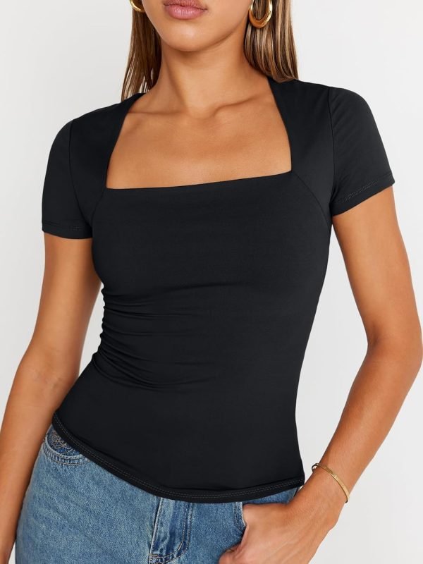 Jngrtsyjvip Fashion Women's Square Neck Tops Short Sleeve Shirts Going Out Tops 2024