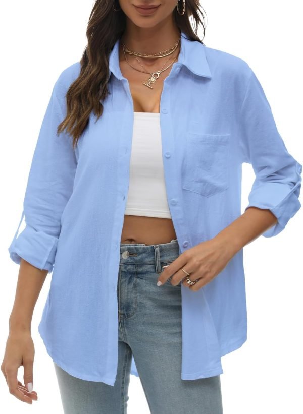 Jngrtsyjvip Fashion Womens Button Down Shirts Long/Roll Up Sleeve cotton and linen women's shirt Collared Work Blouses Oversized Loose Tops with Pocket