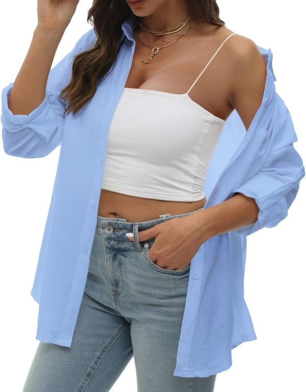 Jngrtsyjvip Fashion Womens Button Down Shirts Long/Roll Up Sleeve cotton and linen women's shirt Collared Work Blouses Oversized Loose Tops with Pocket