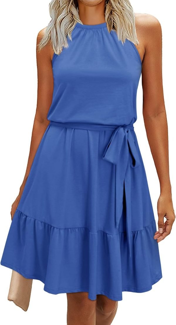 Jngrtsyjvip Fashion Women's 2024 Summer Dress Halter Casual Beach Vacation Outfits Hawaiian Dresses Ruffle Belted Sundress with Pockets