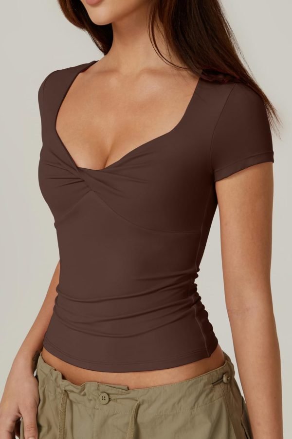 Jngrtsyjvip Fashion Women's Sexy Twist Front V Neck T Shirts Double Lined Short Sleeve Slim Fit Crop Top Trendy Y2K Tops Tee