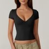 Jngrtsyjvip Fashion Women's V Neck Short Sleeve T Shirts Double Lined Tee Seamed Cup Going Out Tops