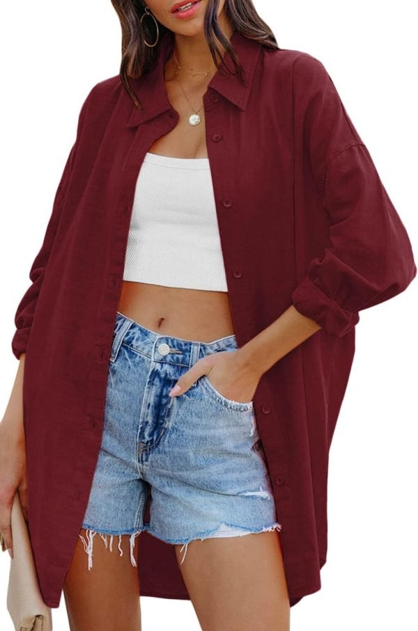 Jngrtsyjvip Fashion   Womens Oversized Button Down Shirts Casual Loose Long Sleeve Solid Lapel Long Blouses Tops with Pockets