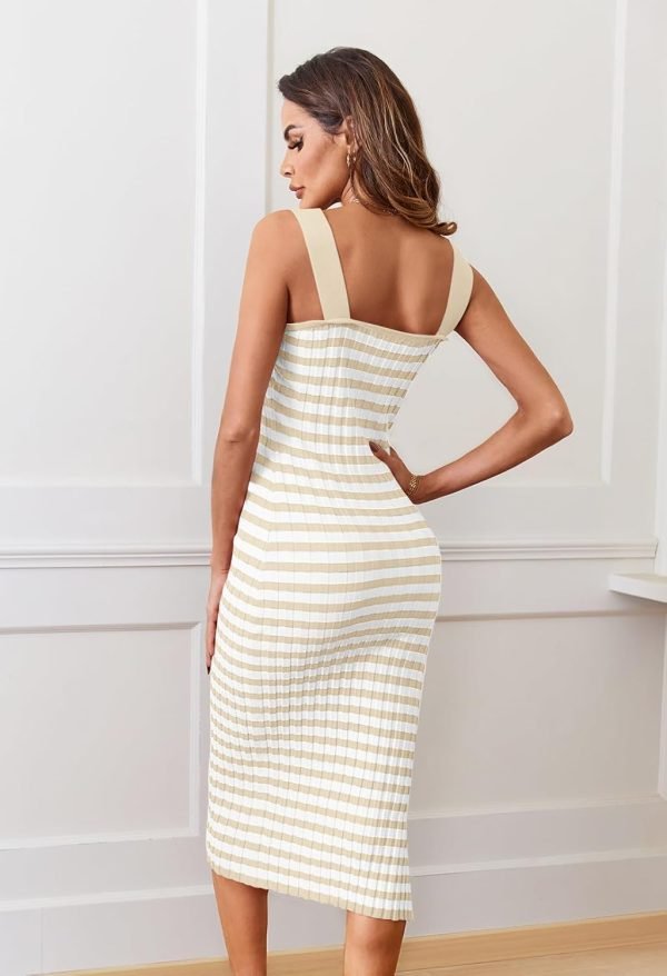 61YpRo2_AFL._AC_SL1500 Jngrtsyjvip Fashion Women's 2024 Summer Striped Knit Bodycon Midi Dress Square Neck Side Slit Tank Ribbed Sweater Dresses