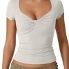 Jngrtsyjvip Fashion Women's Sexy Twist Front V Neck T Shirts Double Lined Short Sleeve Slim Fit Crop Top Trendy Y2K Tops Tee