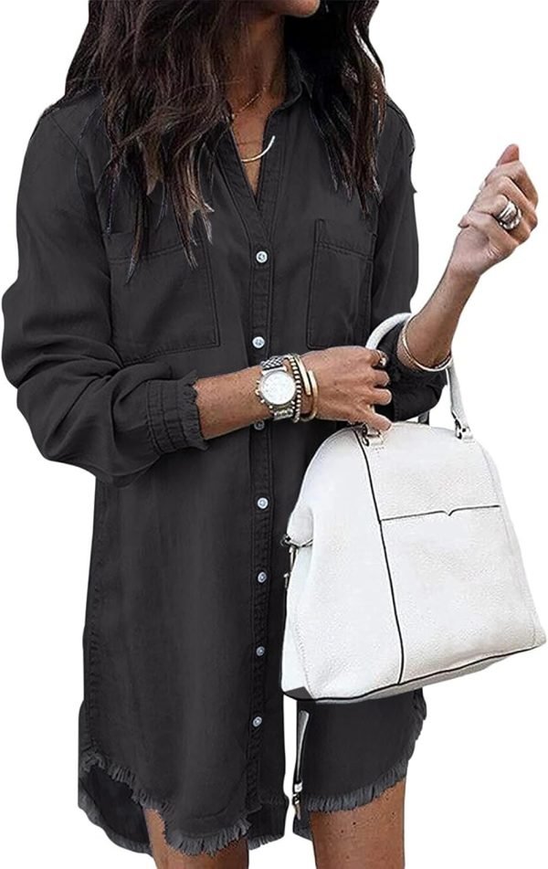 Jngrtsyjvip Fashion   Women Denim Shirt Dresses Long Sleeve Distressed Jean Dress Button Down Casual Tunic Top