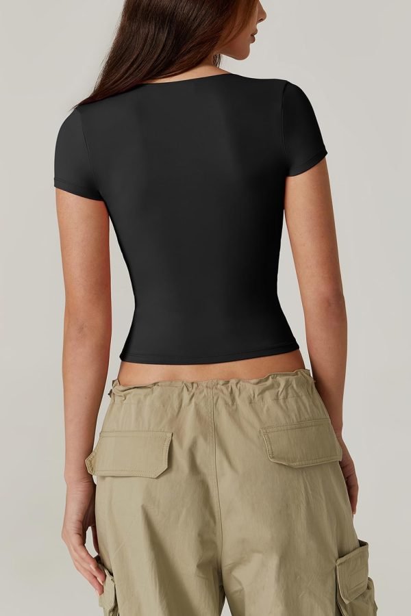 Jngrtsyjvip Fashion Women's V Neck Short Sleeve T Shirts Double Lined Tee Seamed Cup Going Out Tops