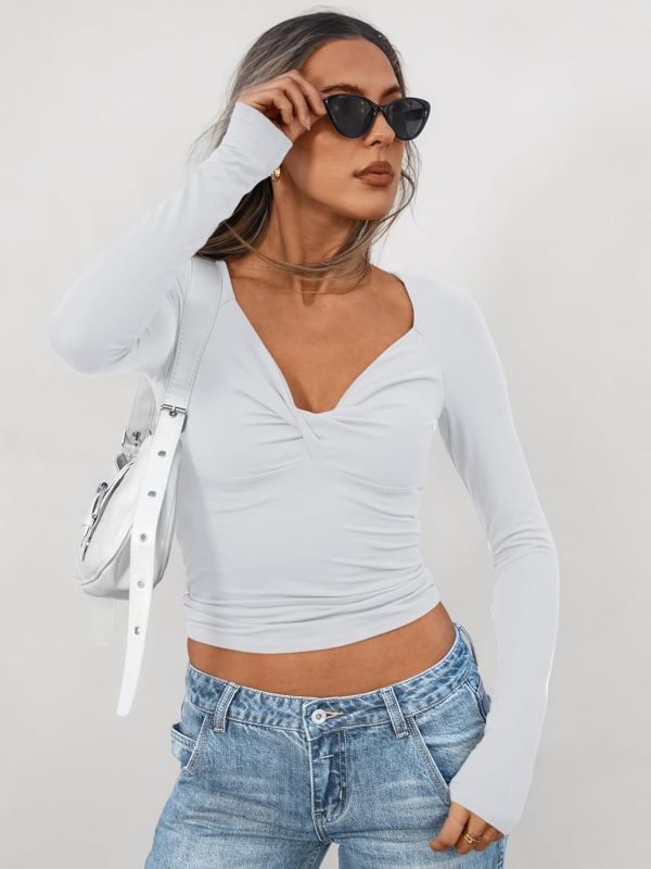 61aMgOs2vFL._AC_SL1500 Jngrtsyjvip Fashion Womens Twisted Knot Long Sleeve T Shirts V Neck Basic Tee Cute Slim Tight Going Out Y2k Crop Fall Fashion Tops