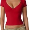 Jngrtsyjvip Fashion Women's V Neck Short Sleeve T Shirts Double Lined Tee Seamed Cup Going Out Tops